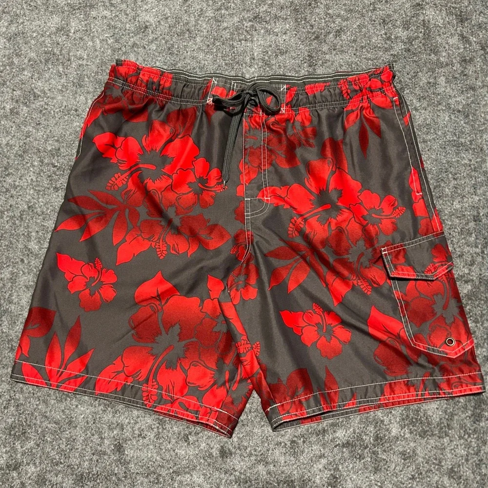 Sonoma Hibiscus Floral Board Shorts Grey Red Cargo Swim Trunks Size Large Y2K